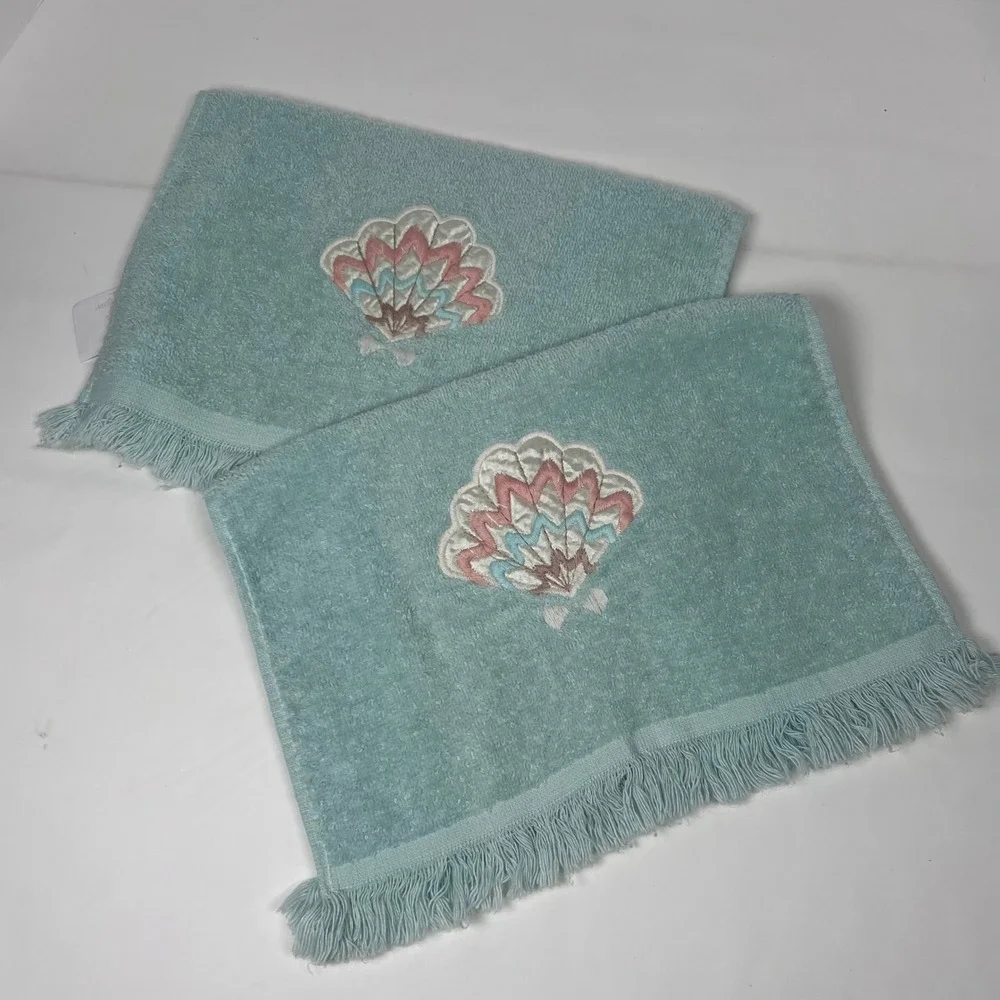 Cannon Royal‎ 2pc Set Blue Green 100% Cotton Embroidered Seashell Towels 80s